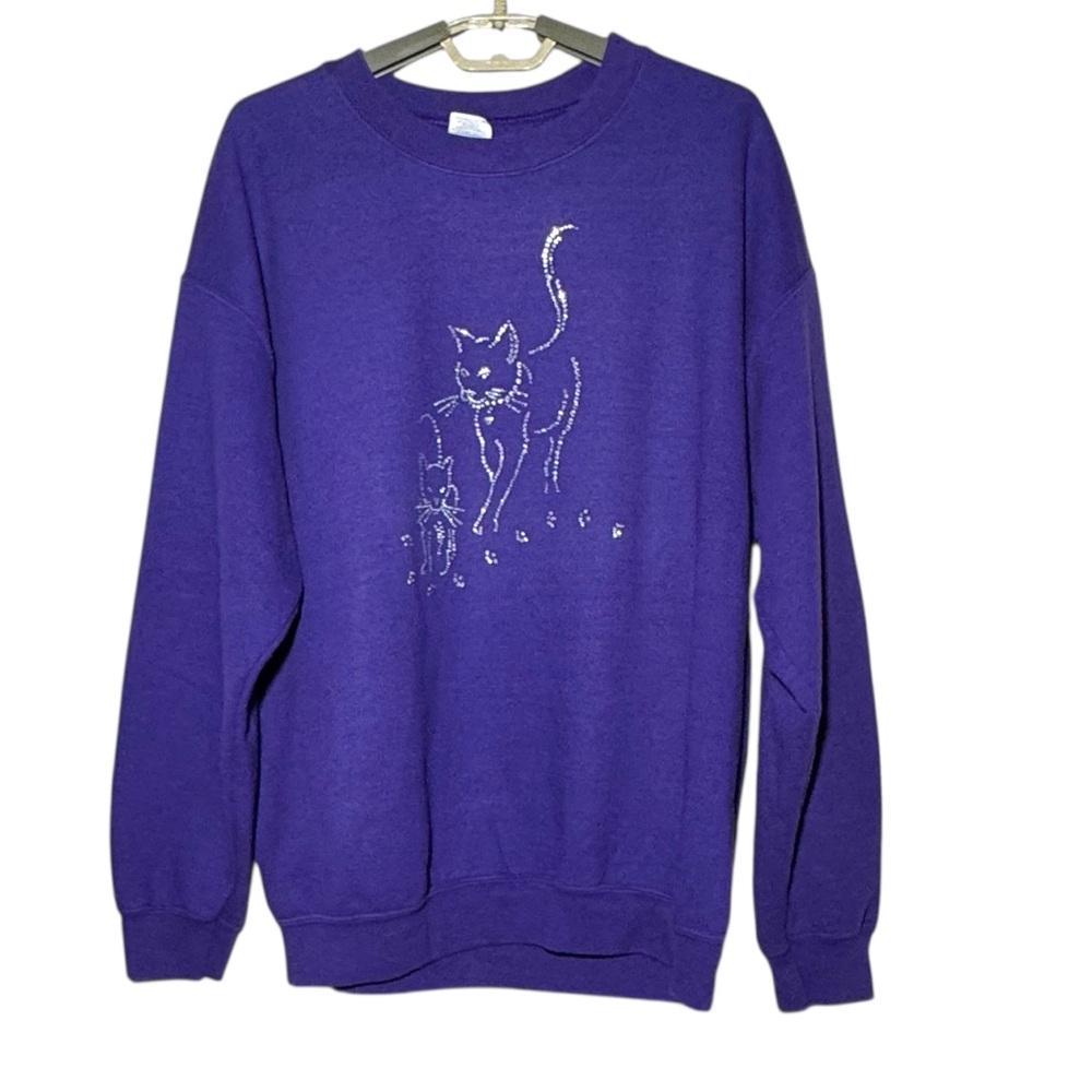 Sweatshirt Purple Cat Design L Women’s  Rhinestones Sparkle Oversized Cozy Warm